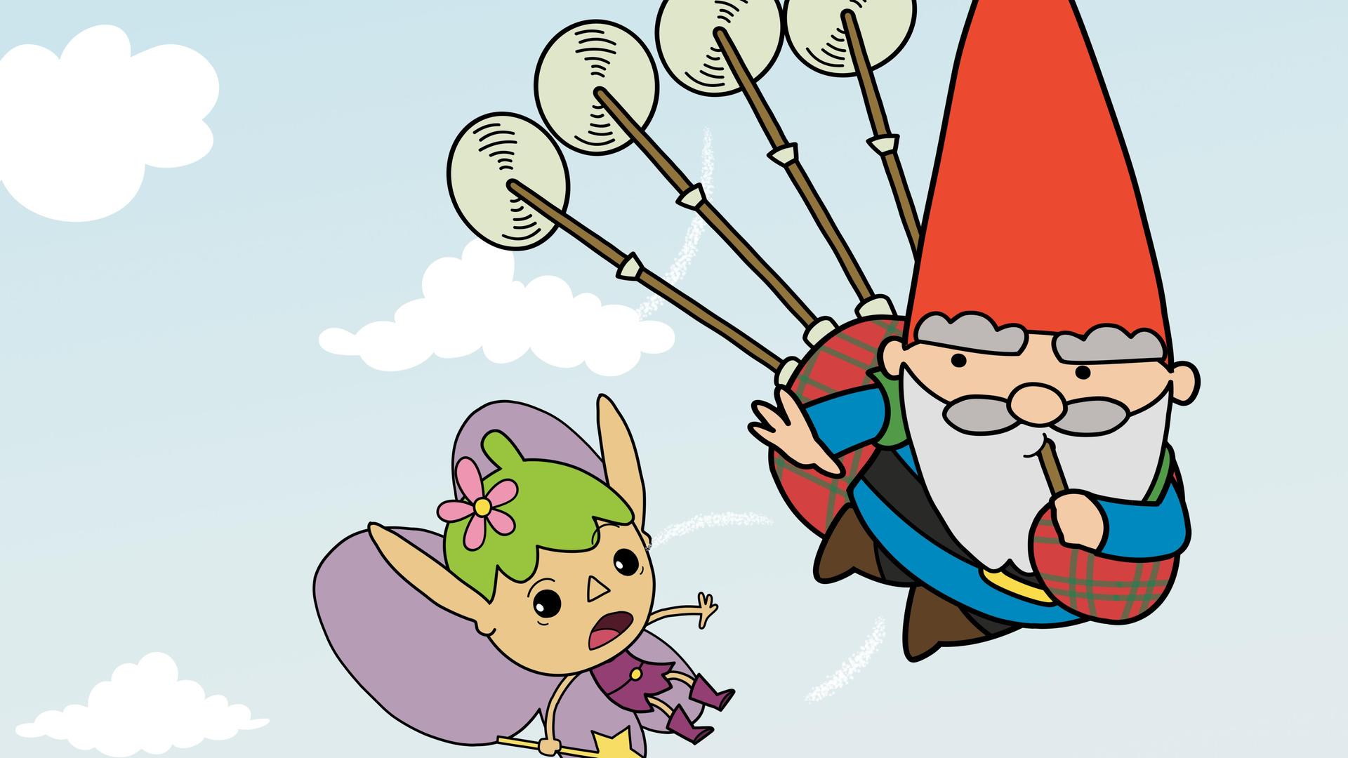 Hoch in der Luft fliegt Twinkle mit entsetztem Gesichtsausdruck neben Herbert, der einen Dudelsack auf dem Rücken hat, an dessen vier Pfeifen sich drehende Propeller befinden. Herbert bläst in die Holzpfeife des Dudelsacks und winkt Twinkle zufrieden zu. Am blass-hellblauem Himmel sind weiße Wölkchen.