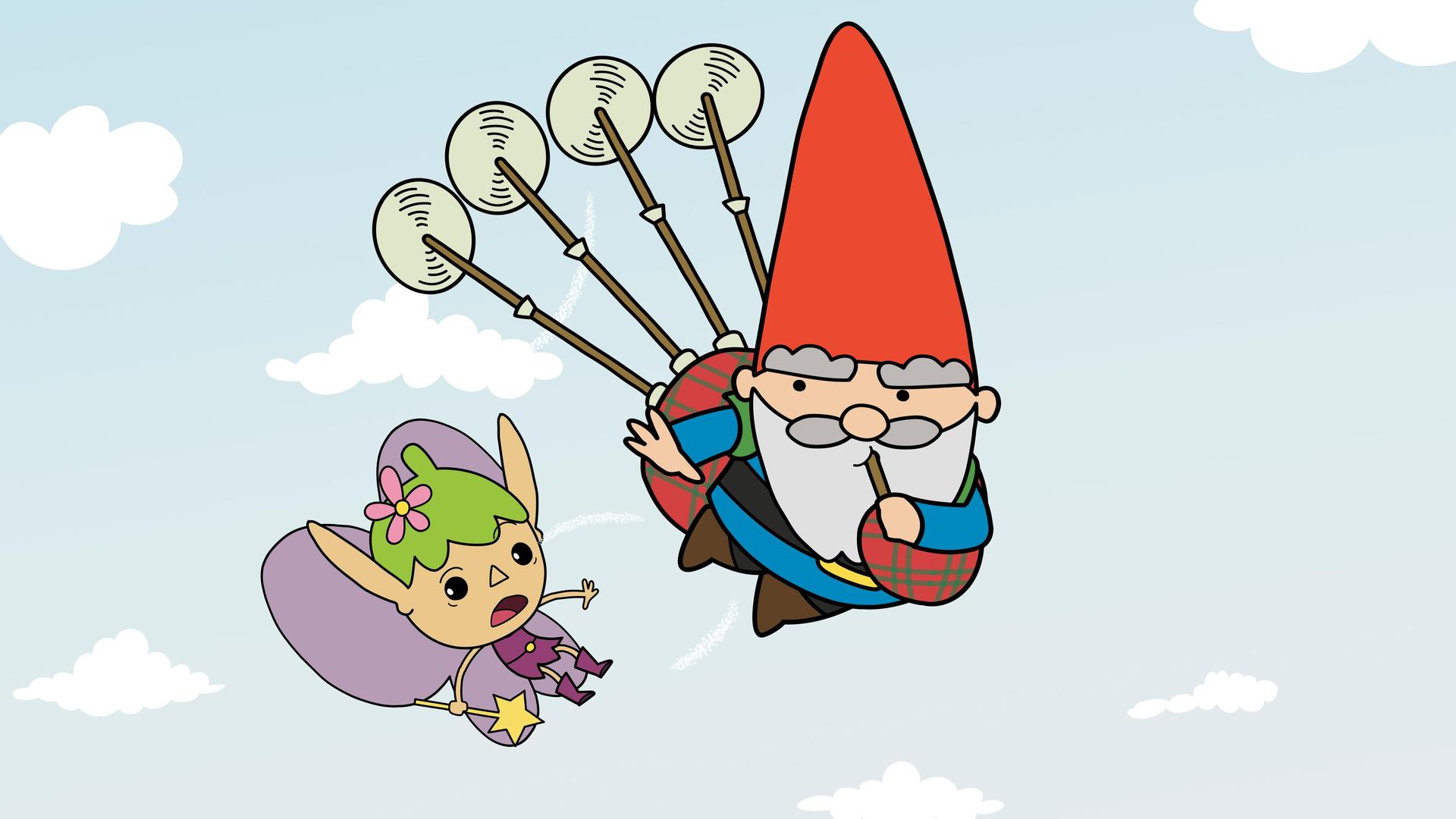 Hoch in der Luft fliegt Twinkle mit entsetztem Gesichtsausdruck neben Herbert, der einen Dudelsack auf dem Rücken hat, an dessen vier Pfeifen sich drehende Propeller befinden. Herbert bläst in die Holzpfeife des Dudelsacks und winkt Twinkle zufrieden zu. Am blass-hellblauem Himmel sind weiße Wölkchen.