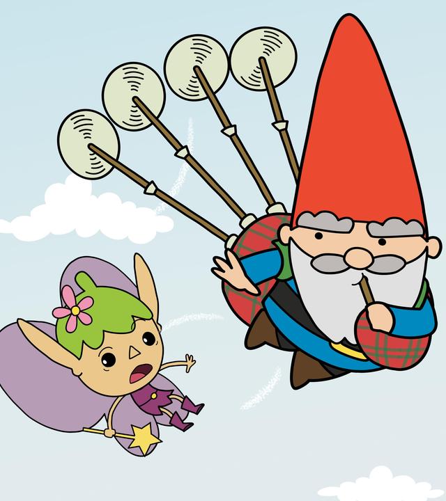 Hoch in der Luft fliegt Twinkle mit entsetztem Gesichtsausdruck neben Herbert, der einen Dudelsack auf dem Rücken hat, an dessen vier Pfeifen sich drehende Propeller befinden. Herbert bläst in die Holzpfeife des Dudelsacks und winkt Twinkle zufrieden zu. Am blass-hellblauem Himmel sind weiße Wölkchen.