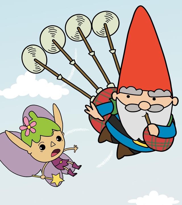 Hoch in der Luft fliegt Twinkle mit entsetztem Gesichtsausdruck neben Herbert, der einen Dudelsack auf dem Rücken hat, an dessen vier Pfeifen sich drehende Propeller befinden. Herbert bläst in die Holzpfeife des Dudelsacks und winkt Twinkle zufrieden zu. Am blass-hellblauem Himmel sind weiße Wölkchen.