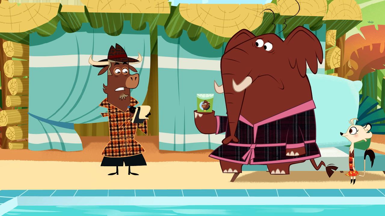 Sherlock Yack steht links neben dem Elefanten, Hermione rechts neben ihm. Sherlock Yack hält seinen Notizblock in der Hand.