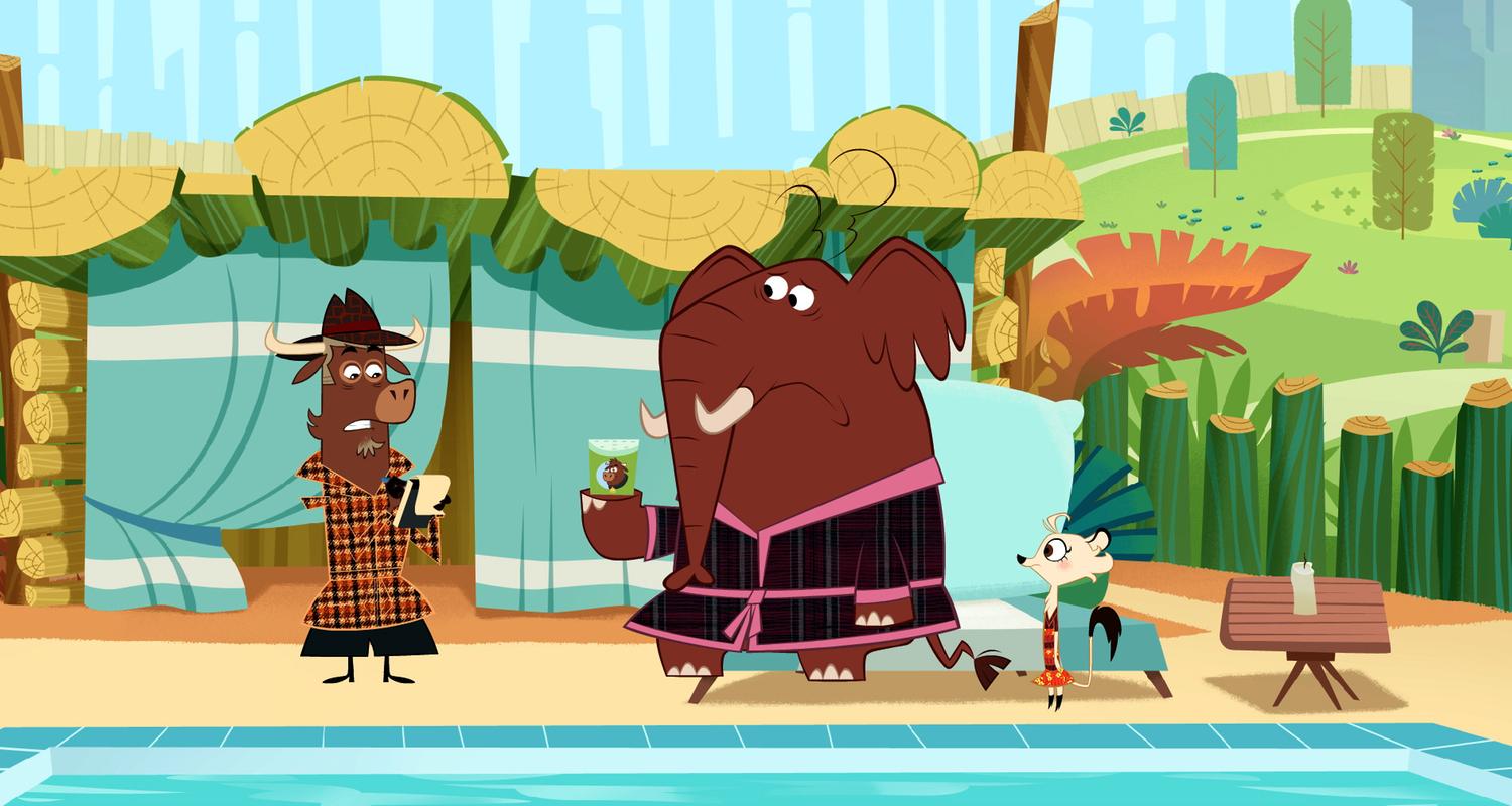 Der Elefant sitzt mit einem Bademantel und einem Getränk am Pool. Er sieht enttäuscht aus. Neben ihm stehen Sherlock Yack und Hermione. Sherlock Yack macht mit zusammengebissenen Zähnen Notizen in sein Ringheft.