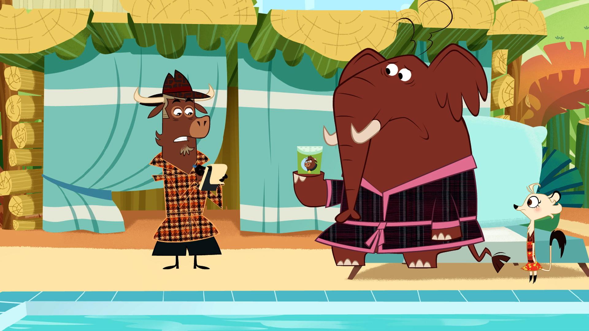 Der Elefant sitzt mit einem Bademantel und einem Getränk am Pool. Er sieht enttäuscht aus. Neben ihm stehen Sherlock Yack und Hermione. Sherlock Yack macht mit zusammengebissenen Zähnen Notizen in sein Ringheft.