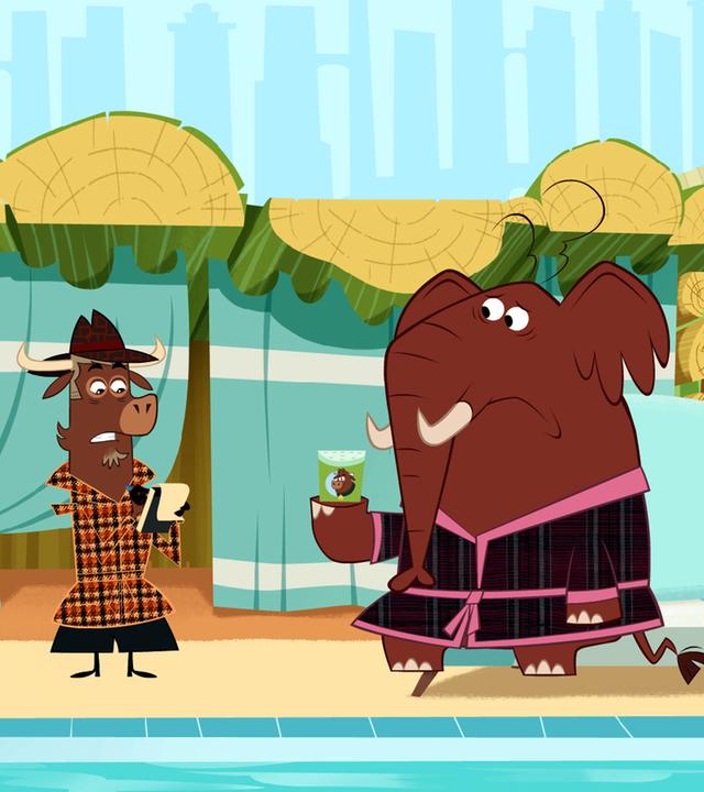 Der Elefant sitzt mit einem Bademantel und einem Getränk am Pool. Er sieht enttäuscht aus. Neben ihm stehen Sherlock Yack und Hermione. Sherlock Yack macht mit zusammengebissenen Zähnen Notizen in sein Ringheft.