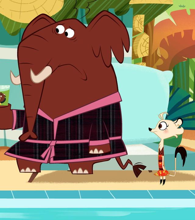 Der Elefant sitzt mit einem Bademantel und einem Getränk am Pool. Er sieht enttäuscht aus. Neben ihm stehen Sherlock Yack und Hermione. Sherlock Yack macht mit zusammengebissenen Zähnen Notizen in sein Ringheft.