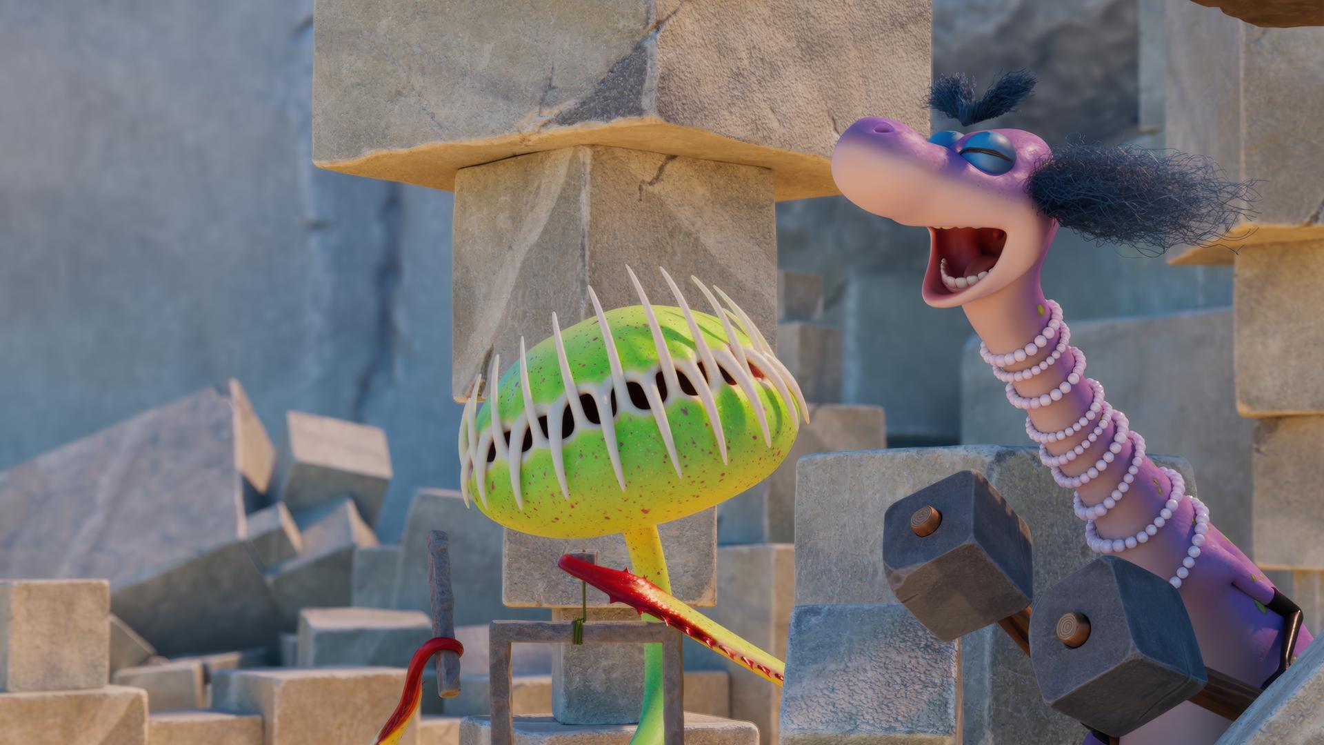 Frau Krätzig steht in ihrem Steingarten hinter einem Zaun aus aufgestapelten Steinblöcken. Im Hintergrund sehen wir viele große und kleine Steinblöcke. Etwas daneben steht die fleischfressende Pflanze Venus mit einer Triangel in der Hand. Frau Krätzig wiederum hat zwei Hämmer aus Steinen in der Hand und brüllt mit weitaufgerissenem Mund über ihren Gartenzaun.