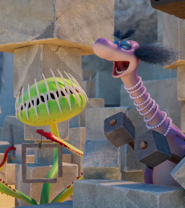 Frau Krätzig steht in ihrem Steingarten hinter einem Zaun aus aufgestapelten Steinblöcken. Im Hintergrund sehen wir viele große und kleine Steinblöcke. Etwas daneben steht die fleischfressende Pflanze Venus mit einer Triangel in der Hand. Frau Krätzig wiederum hat zwei Hämmer aus Steinen in der Hand und brüllt mit weitaufgerissenem Mund über ihren Gartenzaun.