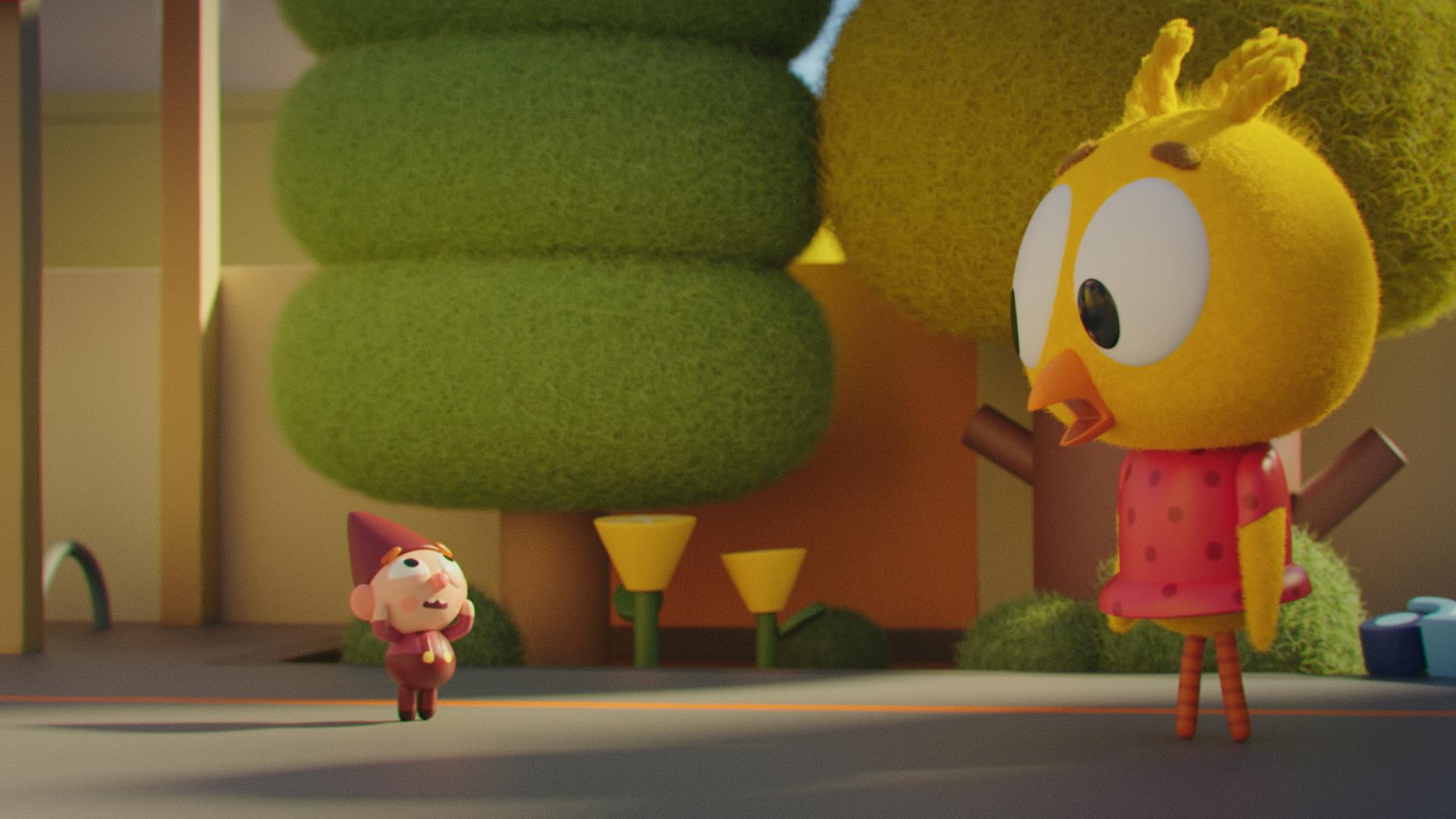 Das Küken Karla und Wichtel Bob stehen sich gegenüber. Karla schaut verdutzt zu Bob, der erschrocken in die Luft blickt. Im Hintergrund stehen Bäume.