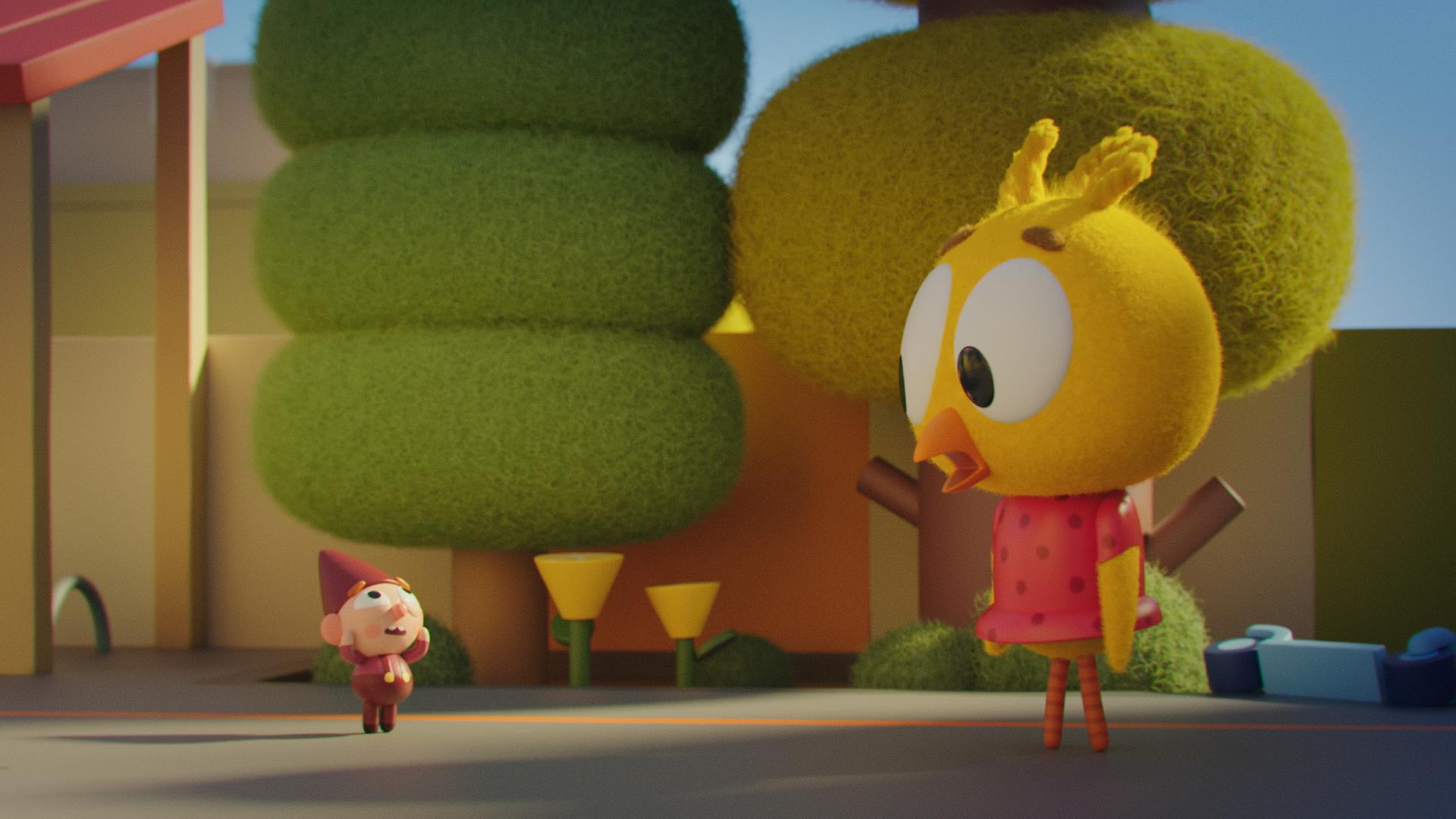 Das Küken Karla und Wichtel Bob stehen sich gegenüber. Karla schaut verdutzt zu Bob, der erschrocken in die Luft blickt. Im Hintergrund stehen Bäume.