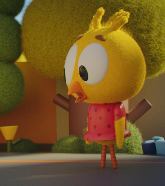 Das Küken Karla und Wichtel Bob stehen sich gegenüber. Karla schaut verdutzt zu Bob, der erschrocken in die Luft blickt. Im Hintergrund stehen Bäume.