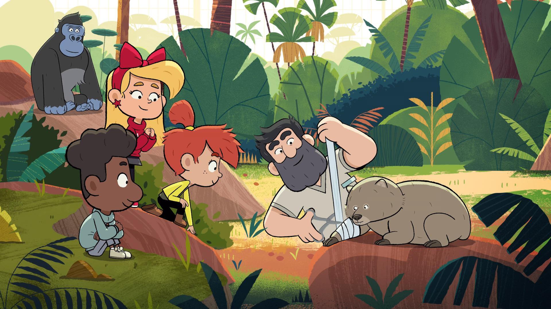 Die drei Freunde, Taylor, Maeva und Tommy schauen neugierig zu, wie Hector der Tierpfleger, am Boden liegend, einem kleinen bärenähnlichen Tier die Pfote verbindet. Im Hintergrund sitzt Jack, der Gorilla auf einem Felsen und beobachtet die Szene.