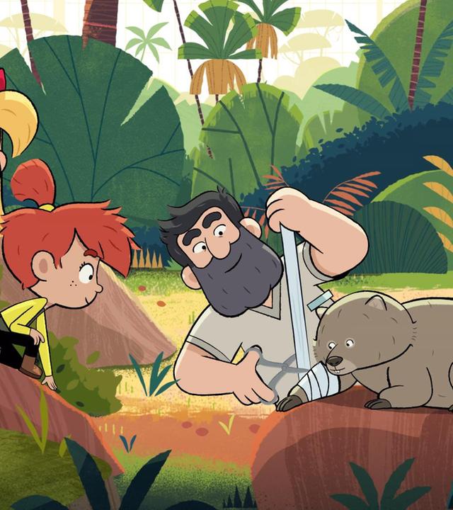 Die drei Freunde, Taylor, Maeva und Tommy schauen neugierig zu, wie Hector der Tierpfleger, am Boden liegend, einem kleinen bärenähnlichen Tier die Pfote verbindet. Im Hintergrund sitzt Jack, der Gorilla auf einem Felsen und beobachtet die Szene.