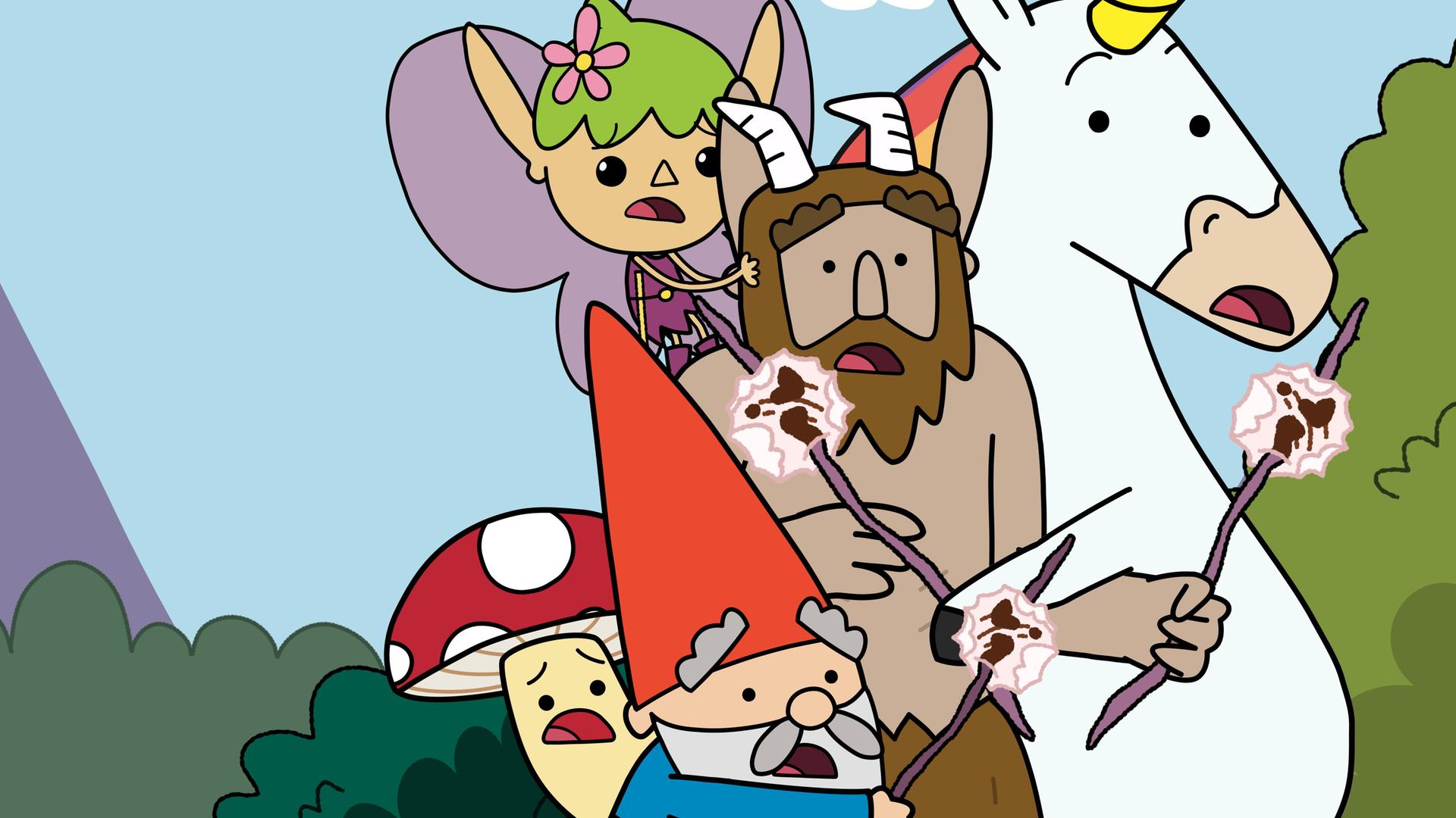 Die fünf Helden - Tupfen, Twinkle, Herbert, Hufius und Blümchen - stehen eng aneinander gedrängt mit erschreckten Gesichtern vor Büschen. Herbert, Hufius und Blümchen haben jeweils einen Ast mit einem aufgespießten Marshmallow in der Hand bzw. in der Hufe.