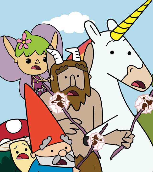 Die fünf Helden - Tupfen, Twinkle, Herbert, Hufius und Blümchen - stehen eng aneinander gedrängt mit erschreckten Gesichtern vor Büschen. Herbert, Hufius und Blümchen haben jeweils einen Ast mit einem aufgespießten Marshmallow in der Hand bzw. in der Hufe.