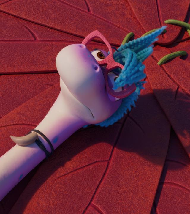 Magma, das lilafarbene Dinosauriermädchen mit Brille und blauen Haaren liegt auf einem blattartigen Trampolin und blickt gelangweilt in den Himmel.