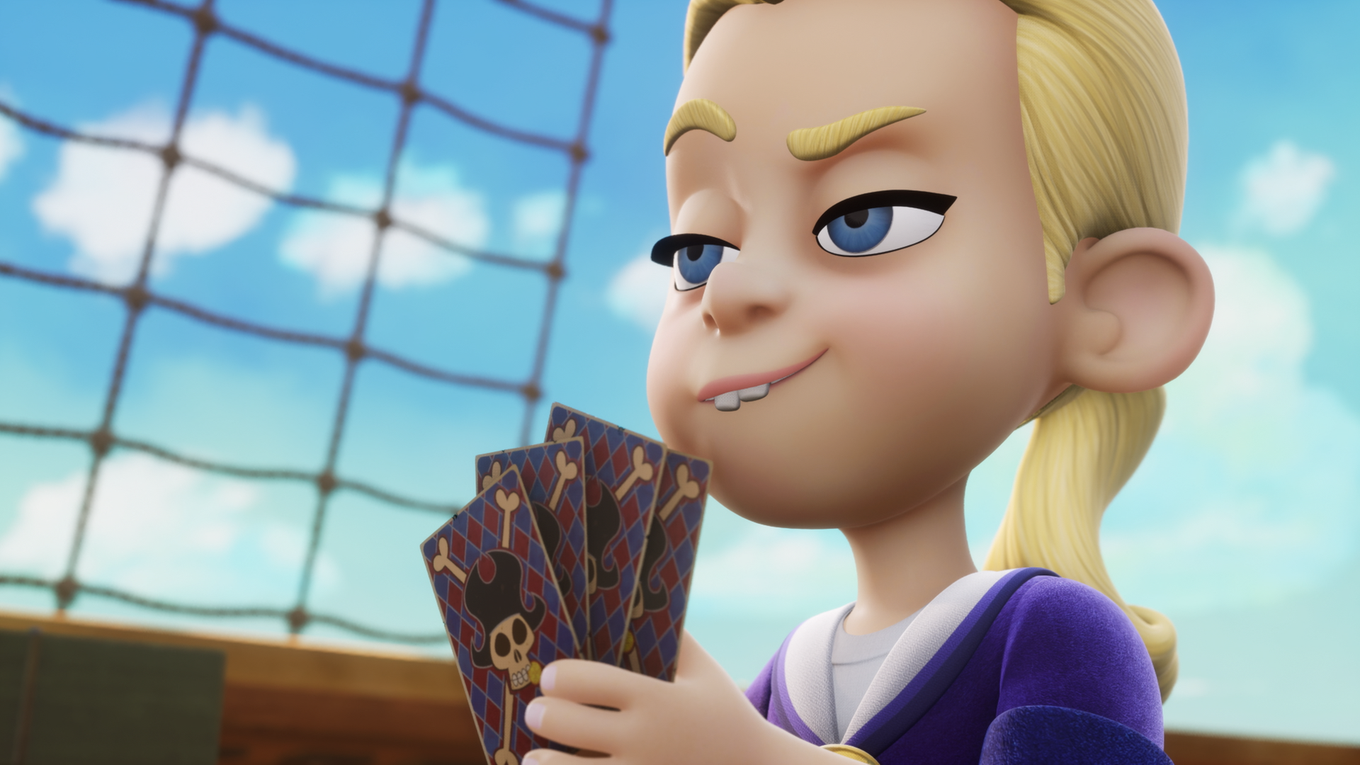 Alina hält in ihrer Hand vier Karten und hat dabei einen nachdenklichen Gesichtsausdruck.