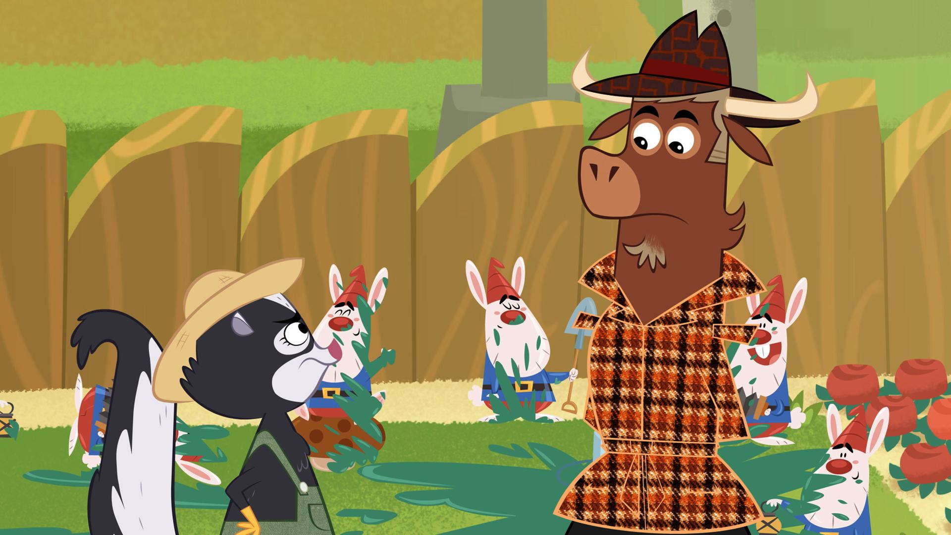 Die Gartenzwerge des Stiktiers sind mit grüner Farbe vollgekleckert. Das Stinktier ist darüber sehr sauer. Seine Hände sind fest in die Hüfte gestämmt. Sherlock Yack befragt das Stinktier mit grübelndem Blick.