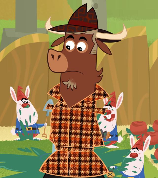 Die Gartenzwerge des Stiktiers sind mit grüner Farbe vollgekleckert. Das Stinktier ist darüber sehr sauer. Seine Hände sind fest in die Hüfte gestämmt. Sherlock Yack befragt das Stinktier mit grübelndem Blick.