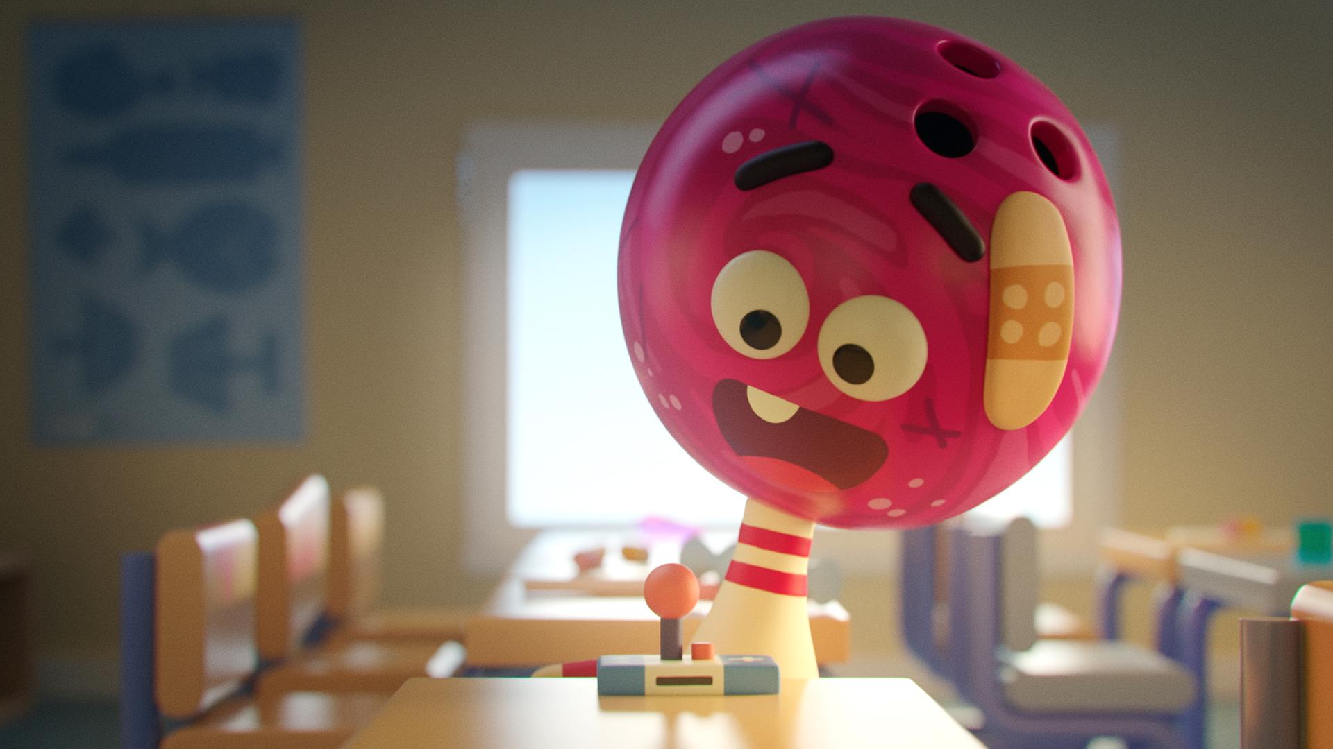 Strike, die Bowling-Kugel, steht im Klassenzimmer vor einem Tisch und schaut begeistert auf einen Controller, der auf dem Tisch liegt. Strike trägt ein Pflaster an der Schläfe. Im Hintergrund stehen Stühle und Tische.