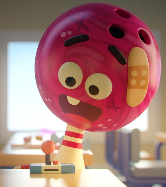 Strike, die Bowling-Kugel, steht im Klassenzimmer vor einem Tisch und schaut begeistert auf einen Controller, der auf dem Tisch liegt. Strike trägt ein Pflaster an der Schläfe. Im Hintergrund stehen Stühle und Tische.