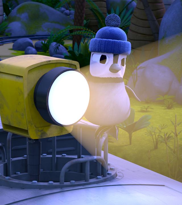 Pinguin Kurti sucht mit einem Scheinwerfer die Bahnstrecke nach seinem Kuschelstein ab.