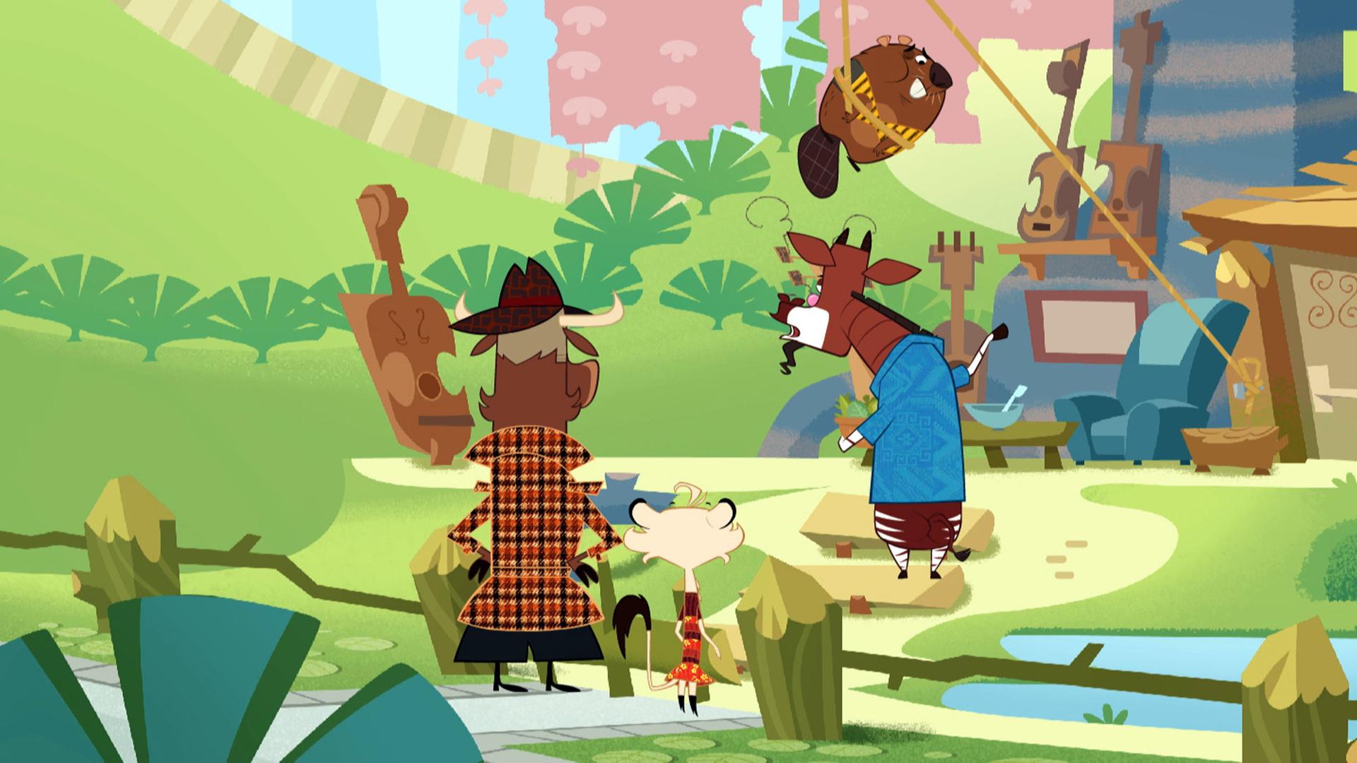 Okapi zeigt Sherlock Yack und Hermione den Biber. In ein Seil gewickelt hängt er im Baum. Durch seine Höhenangst sieht er beängstigt aus.