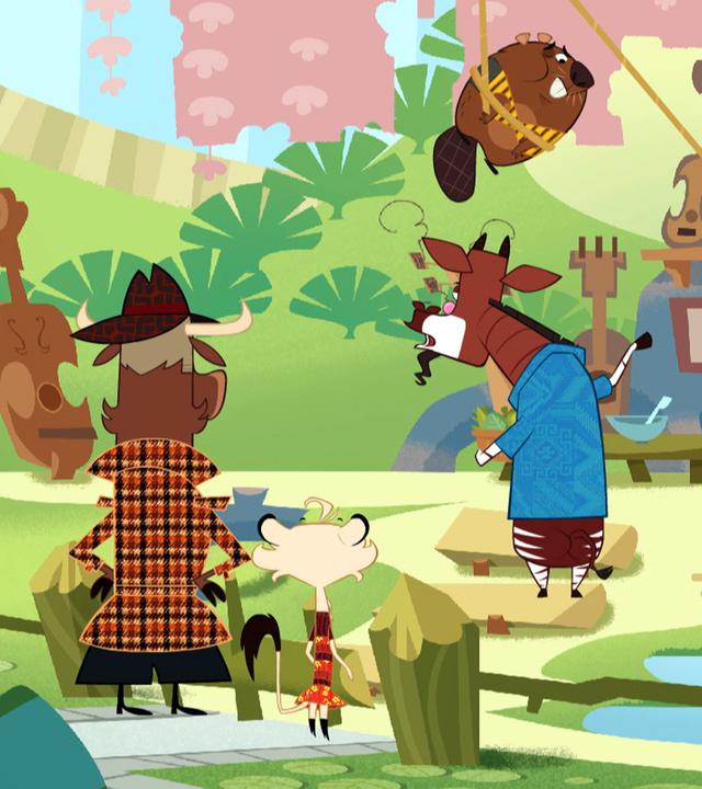 Okapi zeigt Sherlock Yack und Hermione den Biber. In ein Seil gewickelt hängt er im Baum. Durch seine Höhenangst sieht er beängstigt aus.