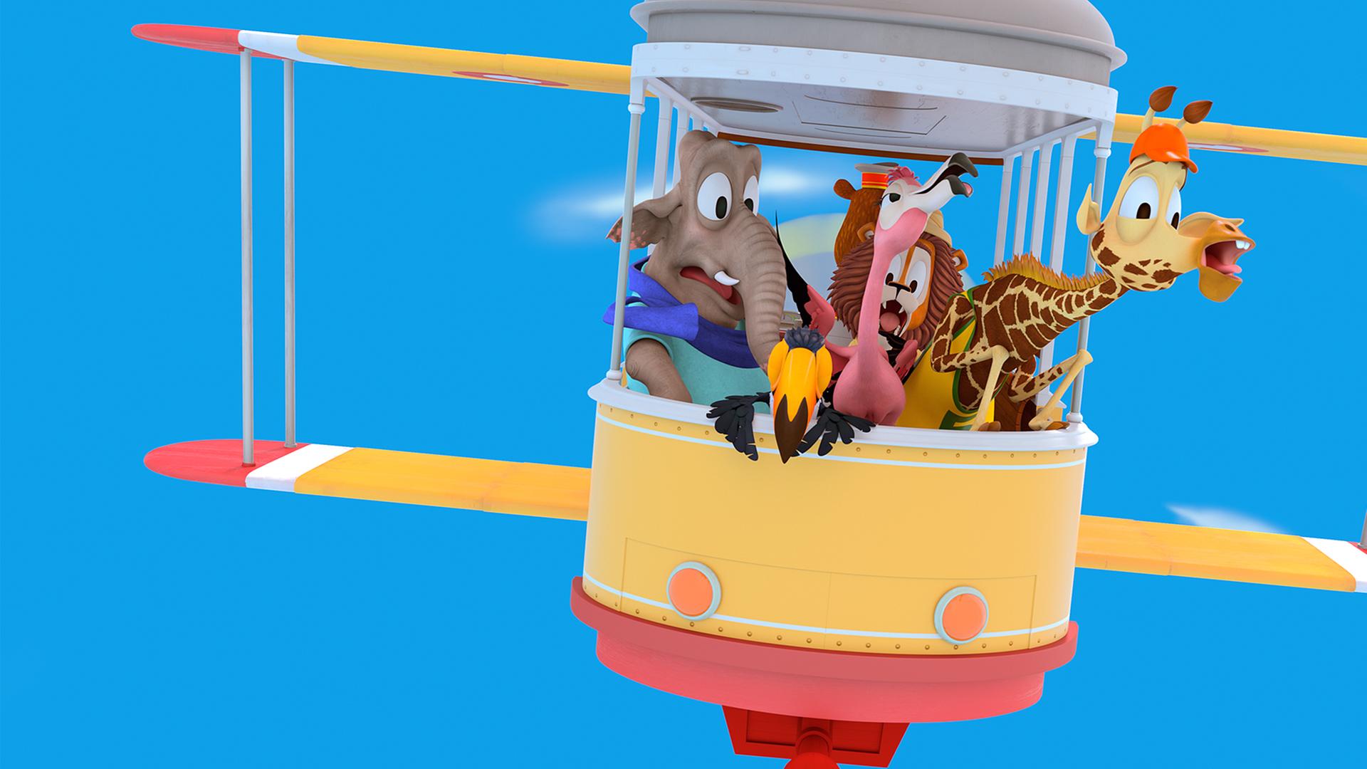 Die Zoobande sitzt in ihrer Bahn, die sich in ein Flugzeug verwandelt hat und fliegt durch die Luft. Doch Balduin der Bär hat die Kontrolle darüber verloren und alle Zootiere schreien verzweifelt.