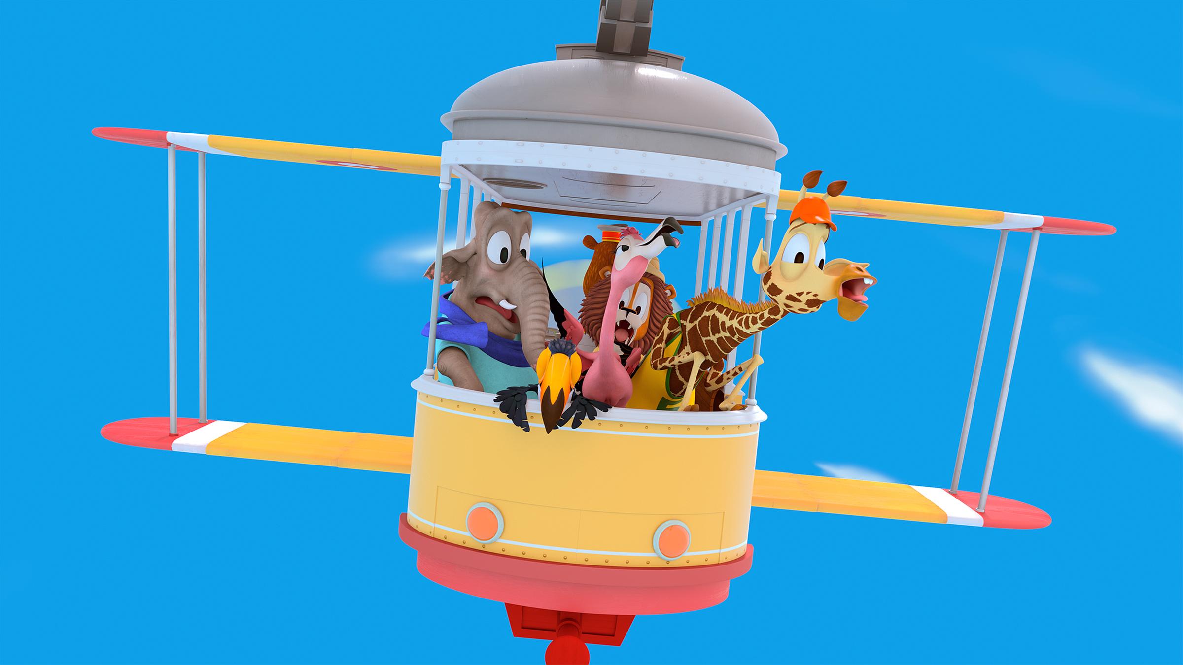 Die Zoobande sitzt in ihrer Bahn (Mitte), die sich in ein Flugzeug verwandelt hat und fliegt durch die Luft. Doch Balduin der Bär hat die Kontrolle darüber verloren und alle Zootiere schreien verzweifelt.