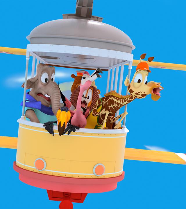 Die Zoobande sitzt in ihrer Bahn, die sich in ein Flugzeug verwandelt hat und fliegt durch die Luft. Doch Balduin der Bär hat die Kontrolle darüber verloren und alle Zootiere schreien verzweifelt.