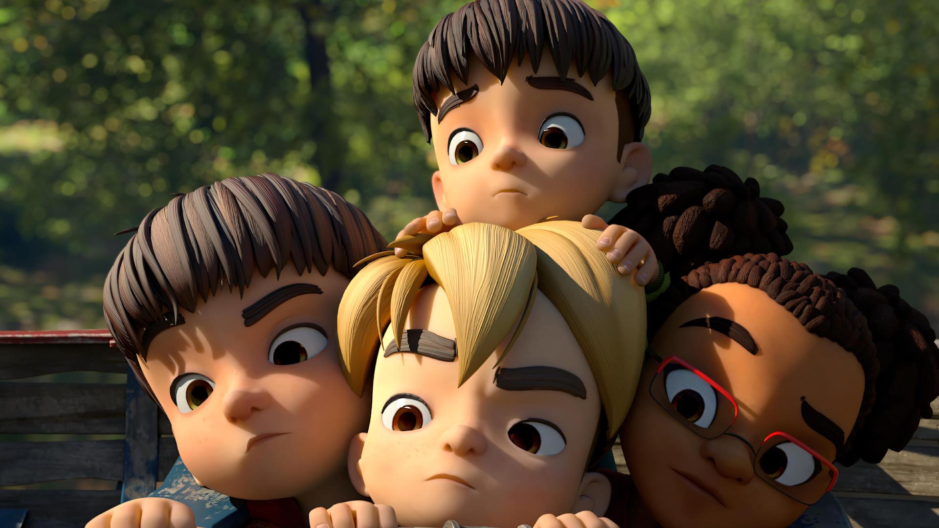 Die Kinder der Dorfbande stehen dicht zusammen und schauen neugierig und etwas ängstlich auf etwas, was sie vor sich entdeckt haben. Vorne, in geduckter Haltung, sind Bohnenstange, Raphael und Lina. Hinter Raphael blickt Bohnenstanges jüngerer Bruder, Kleiner Fuß hervor.