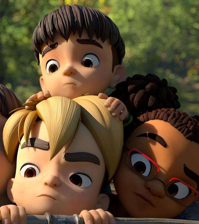 Die Kinder der Dorfbande stehen dicht zusammen und schauen neugierig und etwas ängstlich auf etwas, was sie vor sich entdeckt haben. Vorne, in geduckter Haltung, sind Bohnenstange, Raphael und Lina. Hinter Raphael blickt Bohnenstanges jüngerer Bruder, Kleiner Fuß hervor.