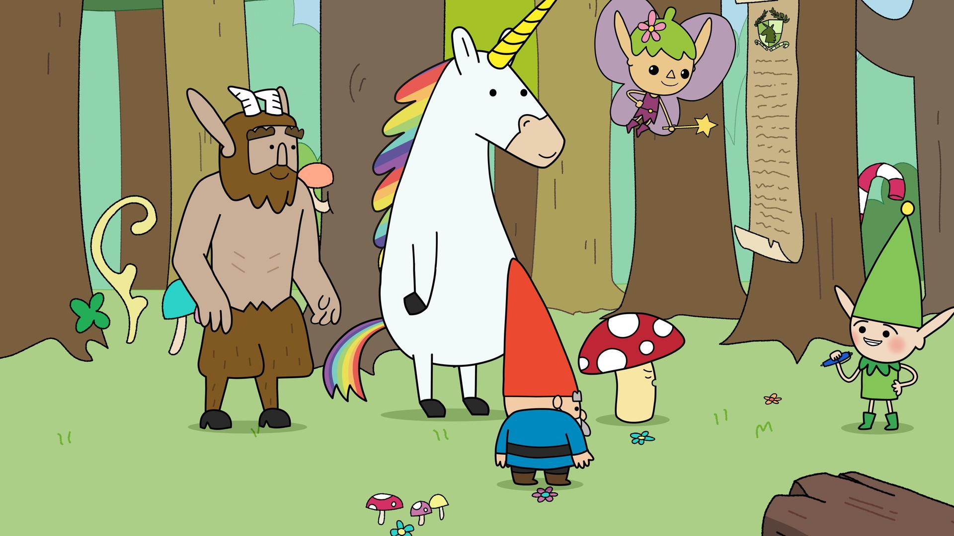 Auf einer Lichtung im Wald stehen die Helden - Hufius, Blümchen, Herbert, Tupfen und Twinkle - gegenüber von Meister Heiter, der mit einem Stift in der Hand neben einem Baum steht, an dem ein langes schmales Papier mit Wappen hängt - die Ehrenliste. Die Helden schauen erwartungsvoll zum lächelnden Meister Heiter.