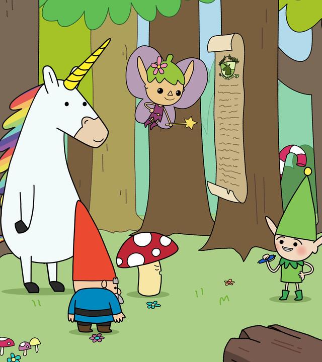 Auf einer Lichtung im Wald stehen die Helden - Hufius, Blümchen, Herbert, Tupfen und Twinkle - gegenüber von Meister Heiter, der mit einem Stift in der Hand neben einem Baum steht, an dem ein langes schmales Papier mit Wappen hängt - die Ehrenliste. Die Helden schauen erwartungsvoll zum lächelnden Meister Heiter.