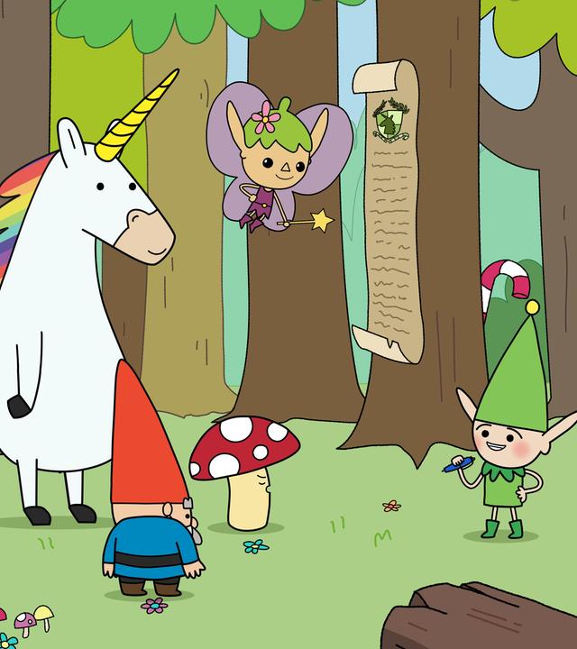 Auf einer Lichtung im Wald stehen die Helden - Hufius, Blümchen, Herbert, Tupfen und Twinkle - gegenüber von Meister Heiter, der mit einem Stift in der Hand neben einem Baum steht, an dem ein langes schmales Papier mit Wappen hängt - die Ehrenliste. Die Helden schauen erwartungsvoll zum lächelnden Meister Heiter.