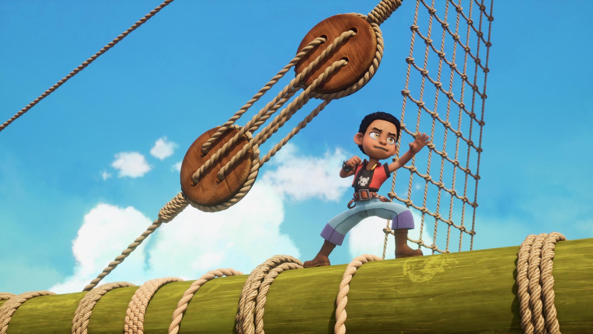 Finn steht im Ausfallschritt auf einem Balken oben am Mast und macht eine heldenhafte Kampfpose.