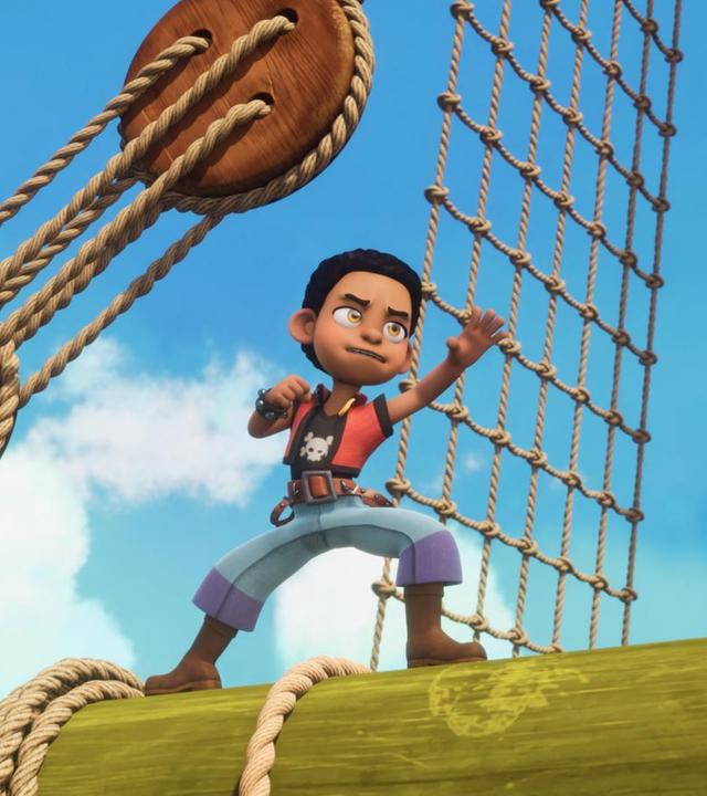 Finn steht im Ausfallschritt auf einem Balken oben am Mast und macht eine heldenhafte Kampfpose.