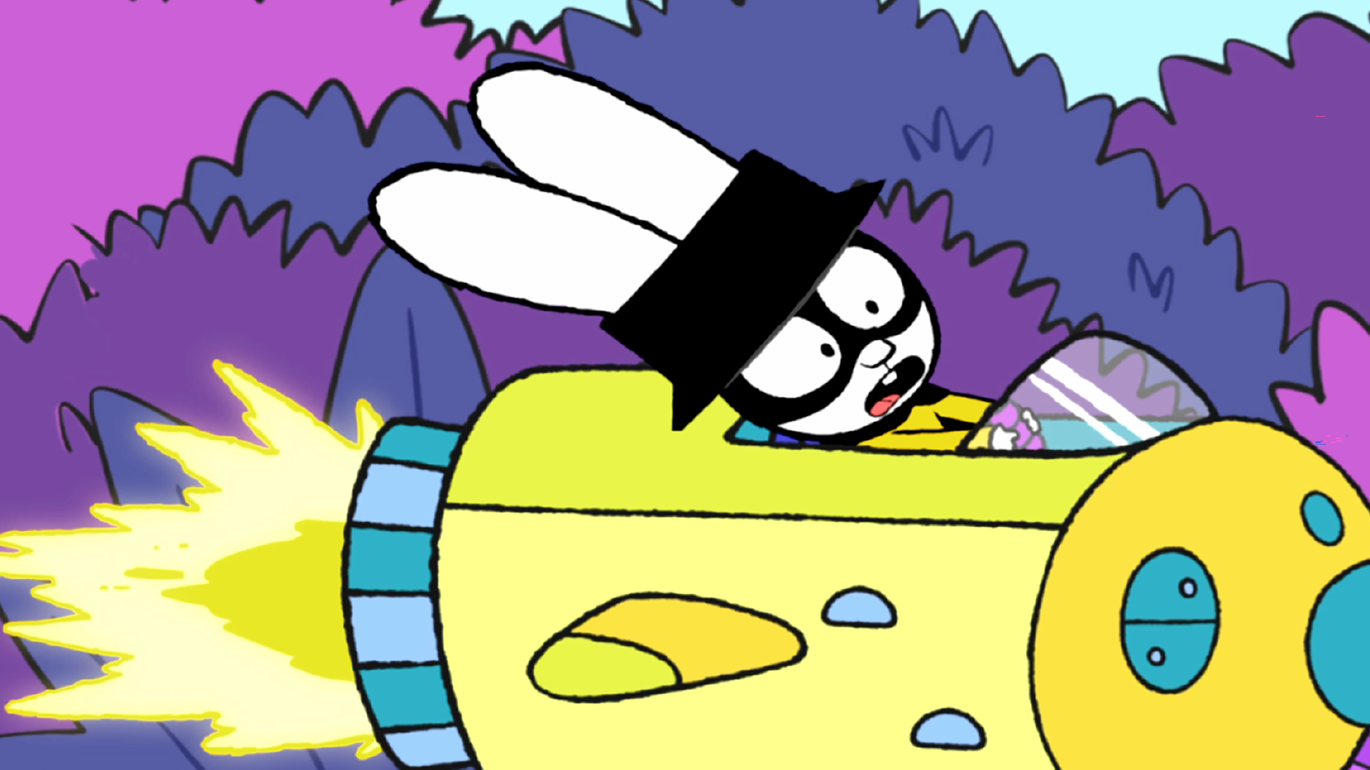 In der Fantasiewelt fliegt Captain Hase mit panischem Blick in seinem Raumschiff. Das Raumschiff fliegt sehr schnell und aus dem Auspuff sprüht eine Flamme.