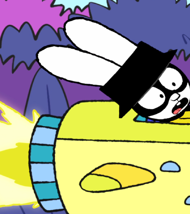 In der Fantasiewelt fliegt Captain Hase mit panischem Blick in seinem Raumschiff. Das Raumschiff fliegt sehr schnell und aus dem Auspuff sprüht eine Flamme.