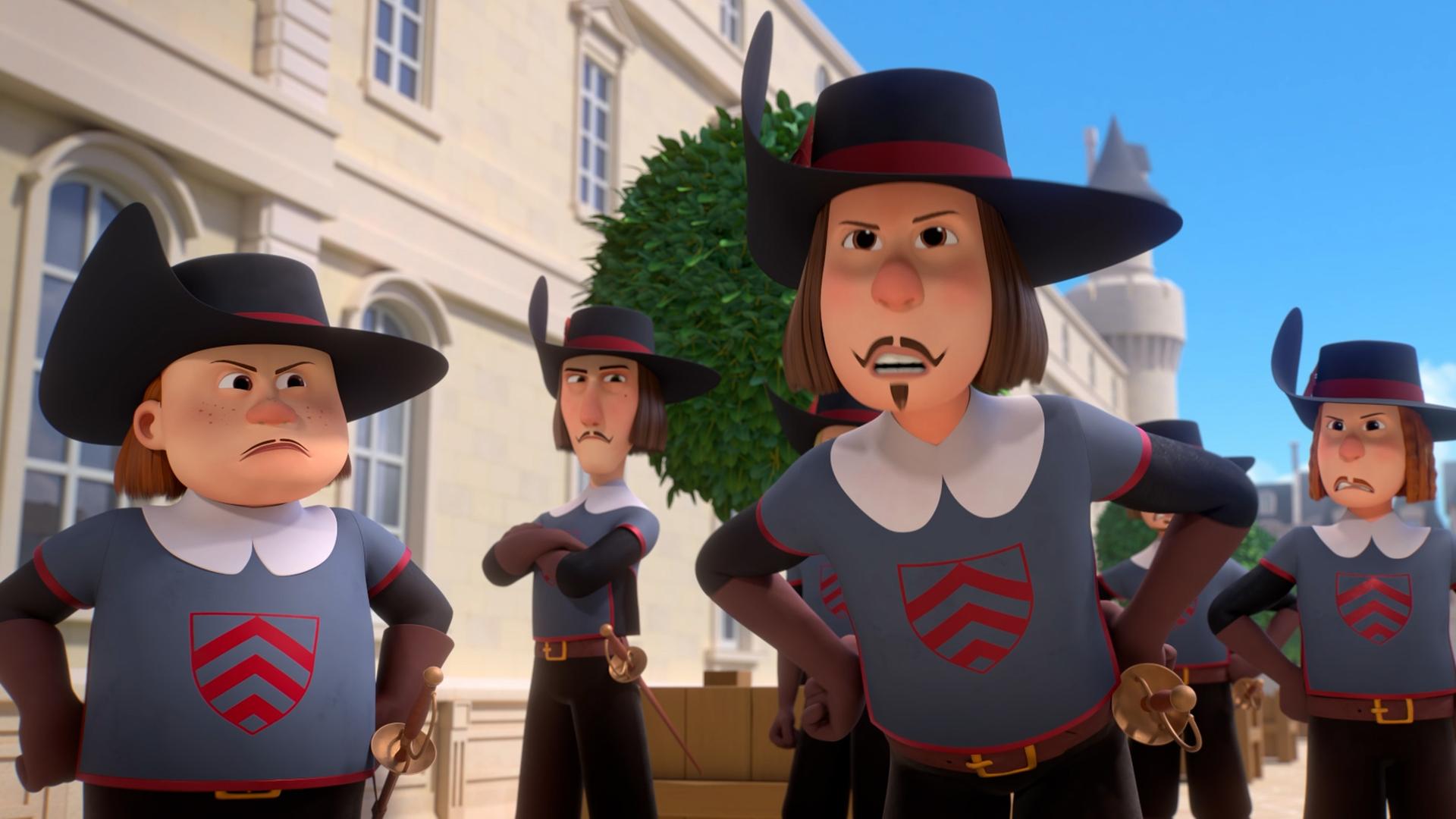 Draußen im Freien: Wir sehen einige aufgebrachte Soldaten, die wütend beieinander stehen und auf jemanden einreden. Im Hintergrund sind ein blauer Himmel, grüne Sträucher und eine Hausfront zu sehen.