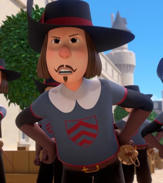 Draußen im Freien: Wir sehen einige aufgebrachte Soldaten, die wütend beieinander stehen und auf jemanden einreden. Im Hintergrund sind ein blauer Himmel, grüne Sträucher und eine Hausfront zu sehen.