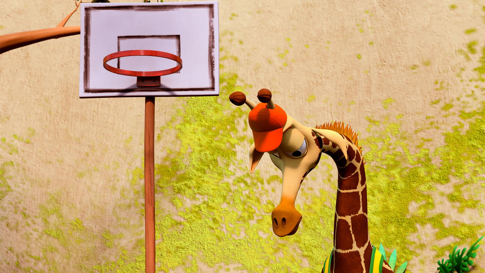 Giraffe Bruno steht neben einem Basketballkorb und lässt deprimiert den Kopf hängen.