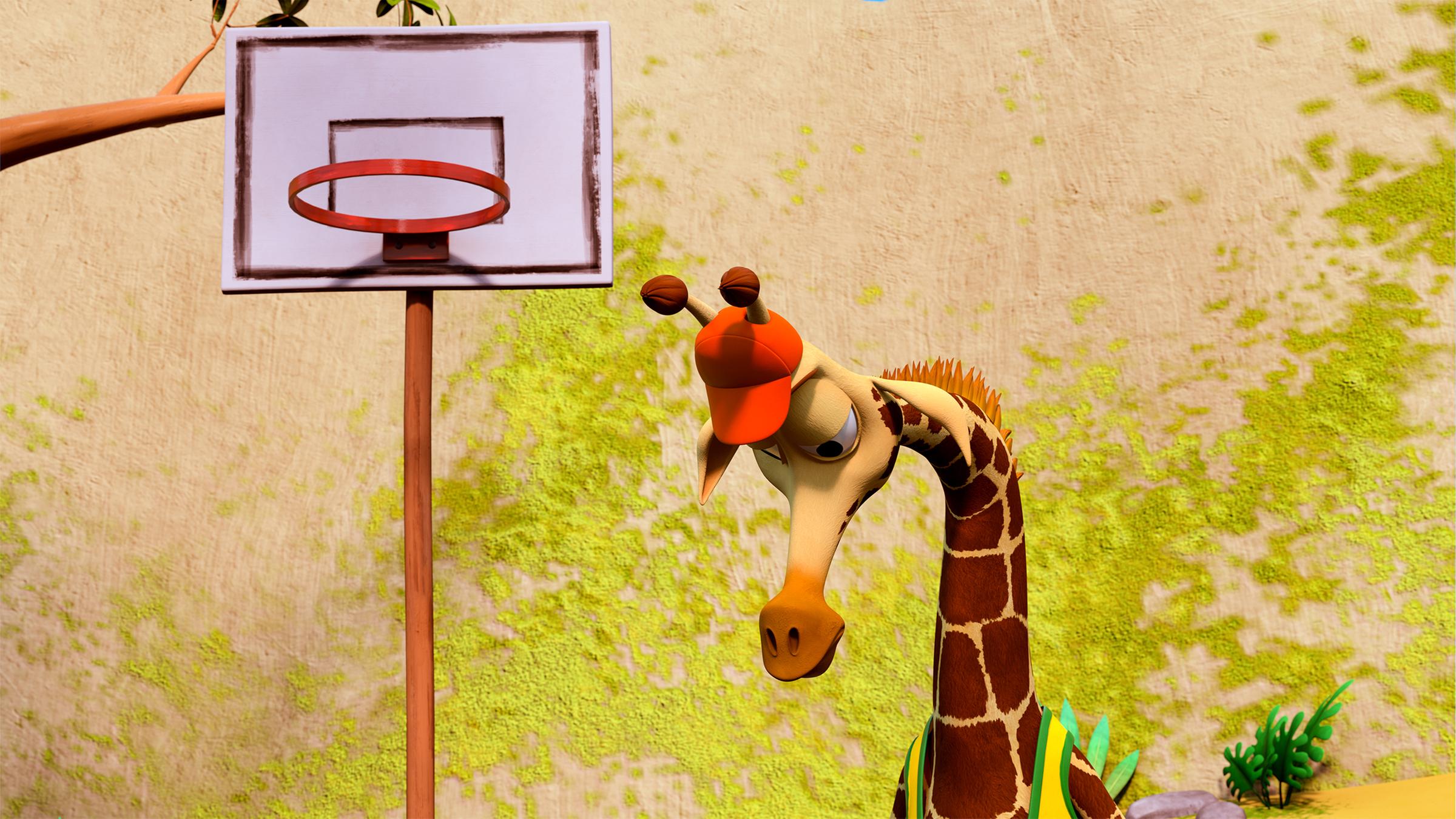 Giraffe Bruno (rechts) steht neben einem Basketballkorb und lässt deprimiert den Kopf hängen.
