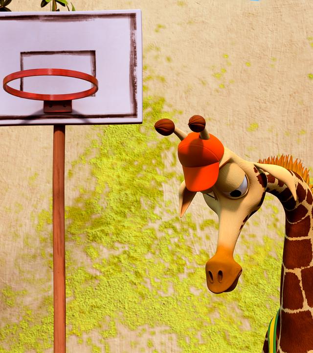 Giraffe Bruno steht neben einem Basketballkorb und lässt deprimiert den Kopf hängen.