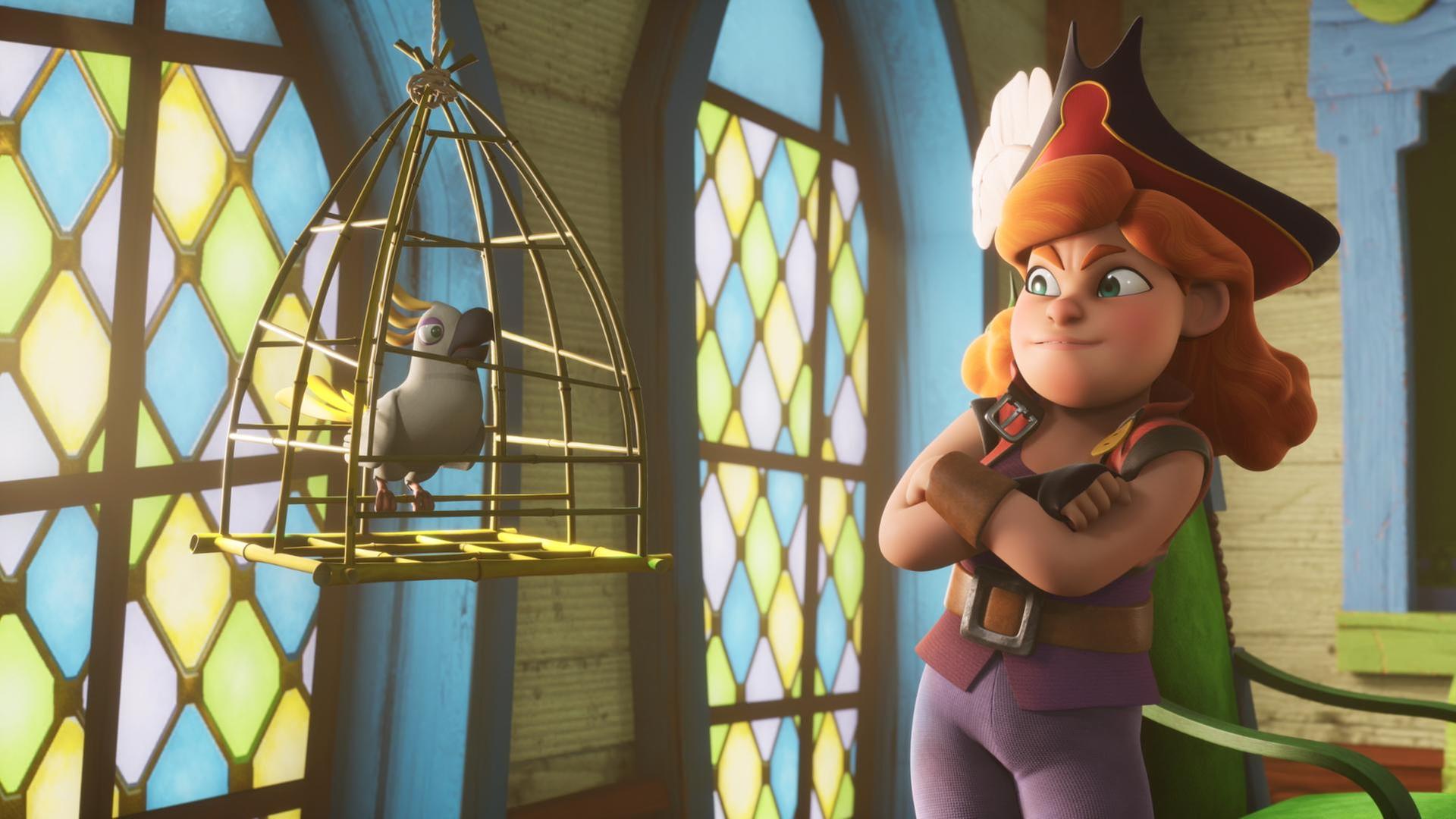 Käpt'n Charlotte Raubein steht skeptisch vor dem Papageien-Käfig. Sie vermisst ihren Kompass.