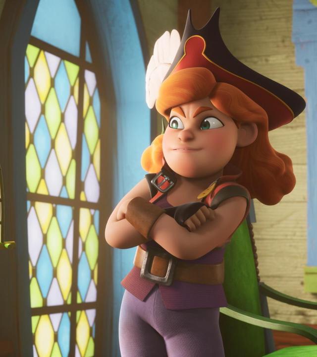 Käpt'n Charlotte Raubein steht skeptisch vor dem Papageien-Käfig. Sie vermisst ihren Kompass.