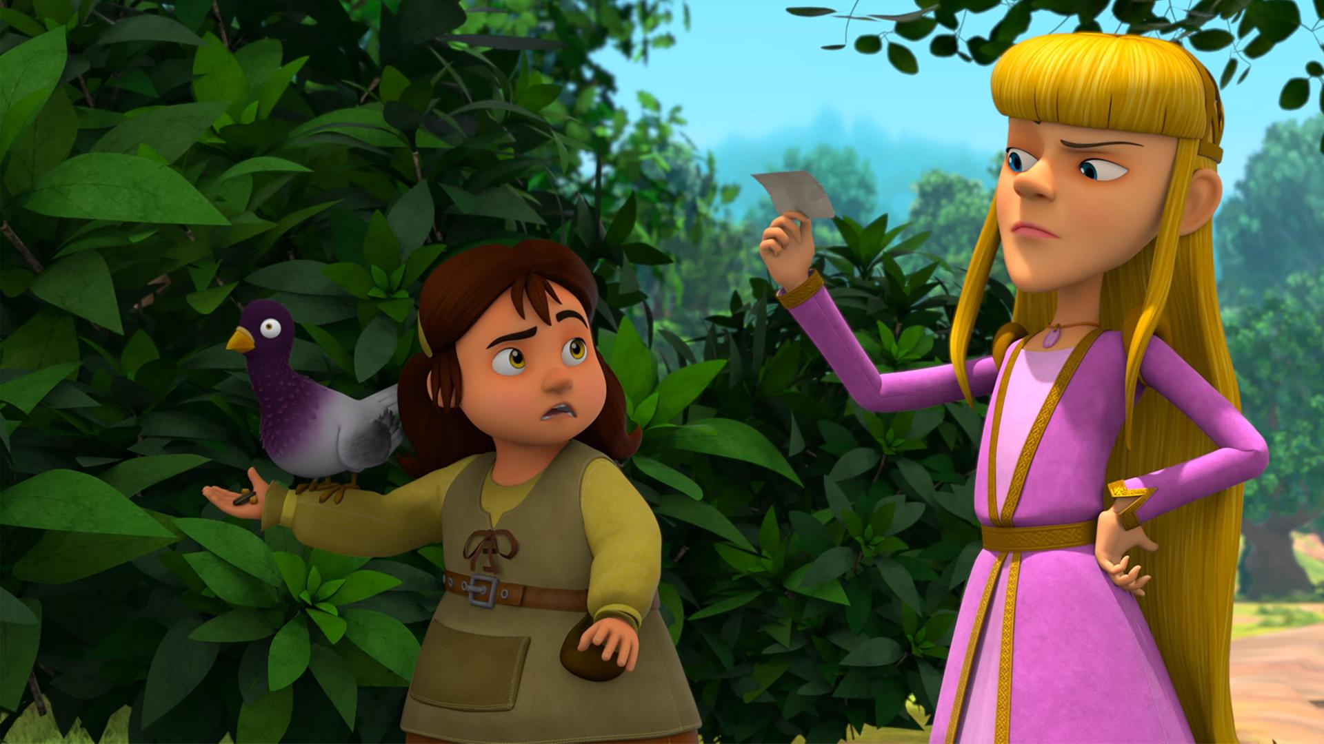 Auf einem Weg zwischen Büschen und Bäumen steht Nelly in einem edlen Gewand gekleidet mit hochmütigem Blick und hält eine Zettel in der Hand, auf den sie blickt. Neben ihr steht ihre Freundin Margot, auf deren ausgestrecktem Arm eine Taube sitzt. Margot blickt fragend zu Nelly.