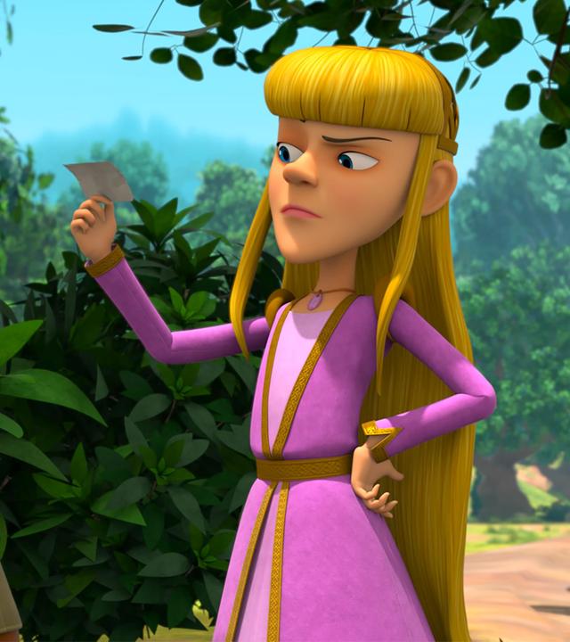 Auf einem Weg zwischen Büschen und Bäumen steht Nelly in einem edlen Gewand gekleidet mit hochmütigem Blick und hält eine Zettel in der Hand, auf den sie blickt. Neben ihr steht ihre Freundin Margot, auf deren ausgestrecktem Arm eine Taube sitzt. Margot blickt fragend zu Nelly.