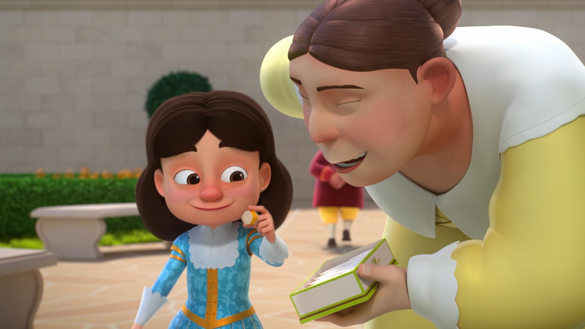 Im Garten des Schlosses: König Louis XIII. steht neben Gertrude. In seiner linken Hand hält er einen Keks, den er glücklich lächelnd anschaut. Gertrude beugt sich mit geschlossenen Augen zu dem jungen König herunter und hält ihm mit der linken Hand eine Dose mit weiteren Keksen hin.