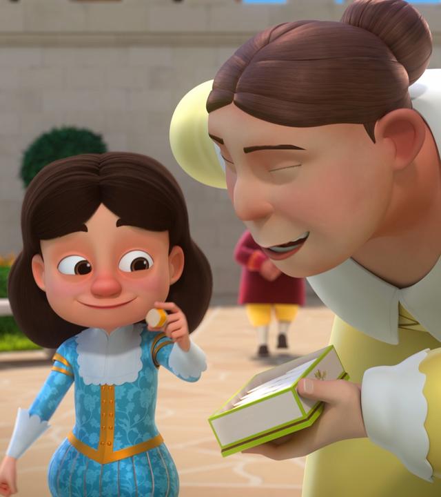 Im Garten des Schlosses: König Louis XIII. steht neben Gertrude. In seiner linken Hand hält er einen Keks, den er glücklich lächelnd anschaut. Gertrude beugt sich mit geschlossenen Augen zu dem jungen König herunter und hält ihm mit der linken Hand eine Dose mit weiteren Keksen hin.